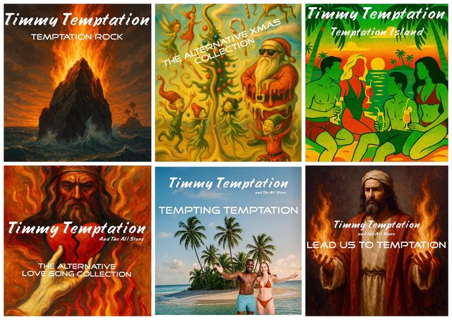 Six album covers by Timmy Temptation and The All Stars: Temptation Rock, The Alternative Xmas Collection, Temptation Island, The Alternative Love Song Collection, Tempting Temptation and Lead Us To Temptation